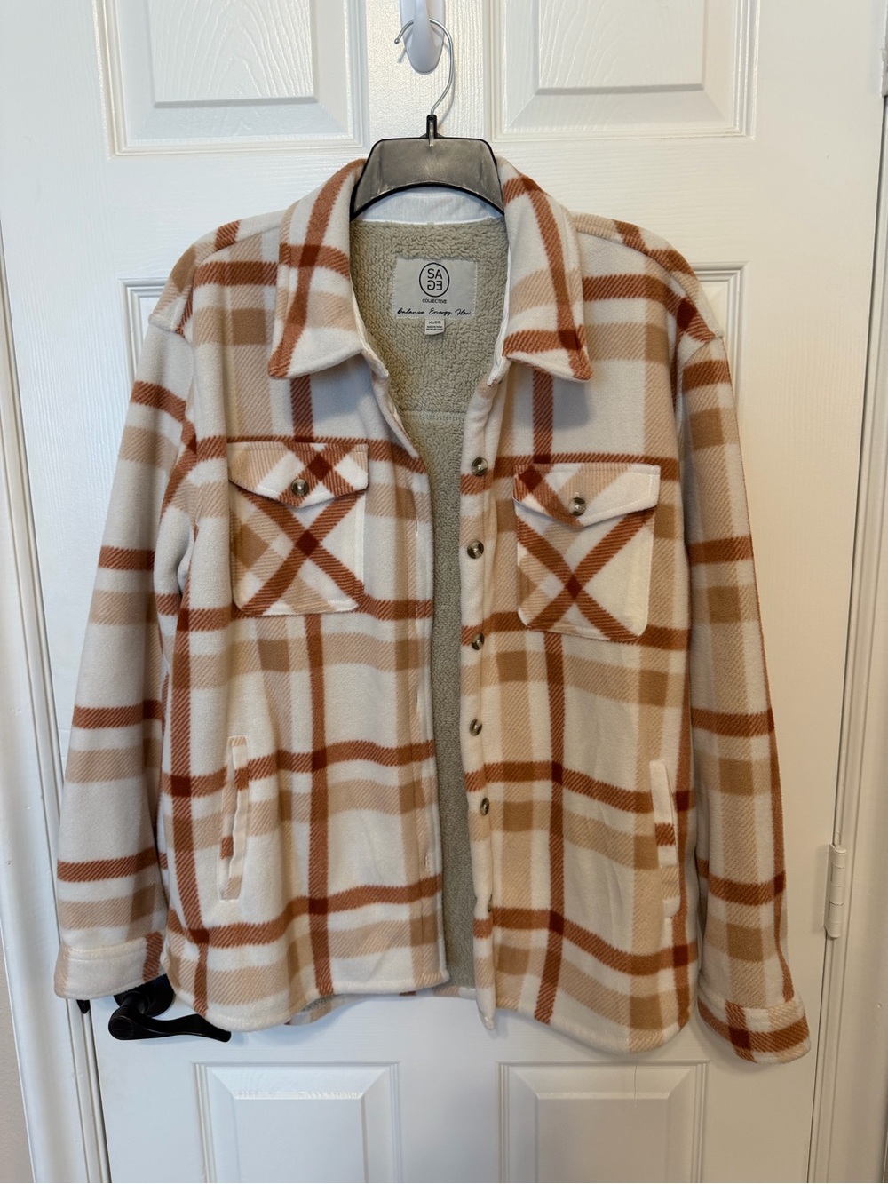 SA Midweight Teddy Plaid Shacket Jacket - Cream & Brown